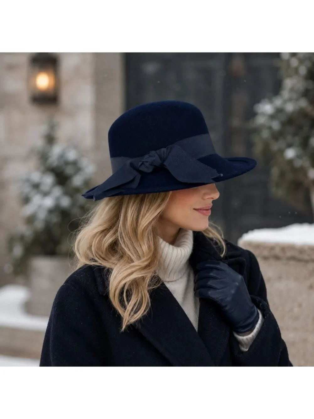 Street Smart Wool Cloche Hat Navy Vintage Church Dress Fashion USA Bow Accent